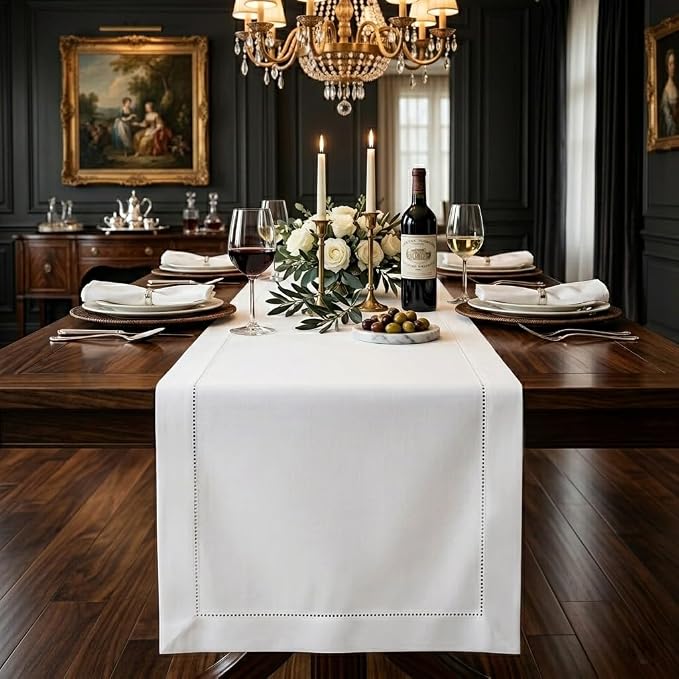 Signature Linen™ by D'Moksha White Table Runner 90 Inches Long, 100% Pure Linen by DMokshaHomes