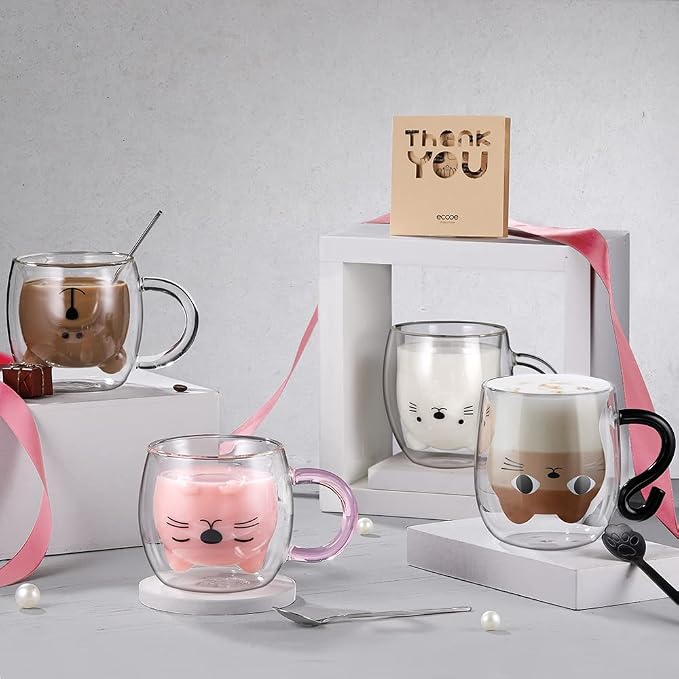 ecooe Cute Cat Mug Glass Coffee Cup 9.8oz Double Walled Glass Mug Cappuccino - Image 6