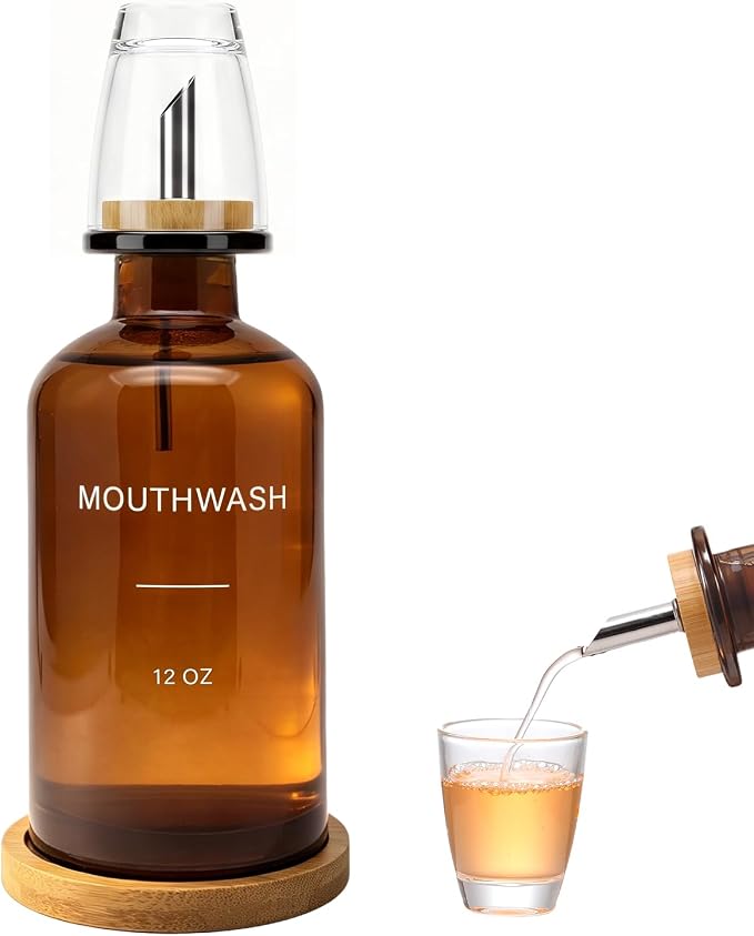 Glass Mouthwash Dispenser for Bathroom, Amber | Bamboo Tray & Mouthwash Cup by BONLONG