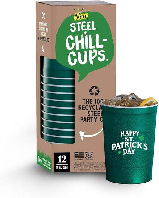 16 oz. Party Cups 'St. Patrick's Day' Clover Design for Cold Drinks, Durable, Disposable, Recyclable, Made in USA, Green, 12 Count