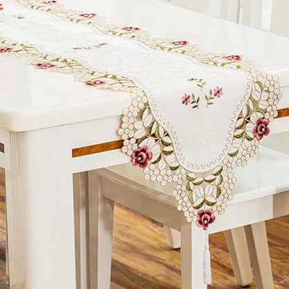 LeLehome 15 X 112 Inch Classic Table Runner, Flowers Embroidery Lace Beige by LeLehome