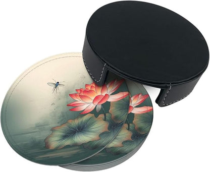 6Pcs PU Leather Coaster for Drinks, Lakeside Flower and Dragonfly Cup Coasters - Image 8