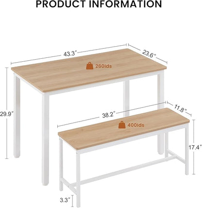 Dining Table Set for 4, Wooden Kitchen Table and 2 Benches Set with Metal Frame, Rectangular Dining Room Table Set for Small Space, Living Room, Apartment, Breakfast Nook, 43.3" L x 23.6" W x 29.9" H