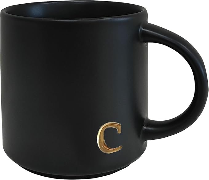 COLLECTIVE HOME Black Ceramic Coffee Mug, 15 oz Golden Monogram Tea Cup | by COLLECTIVEHOME