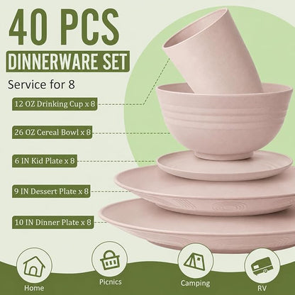 Wheat Straw Dinnerware Sets for 8, 40 Piece Unbreakable Dinnerware Set - Image 2