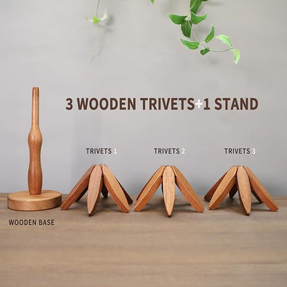New Set of 3 Kitchen Table Decor Foldable Wooden Trivets for Hot Pots and Pans,Tree Shape Trivets