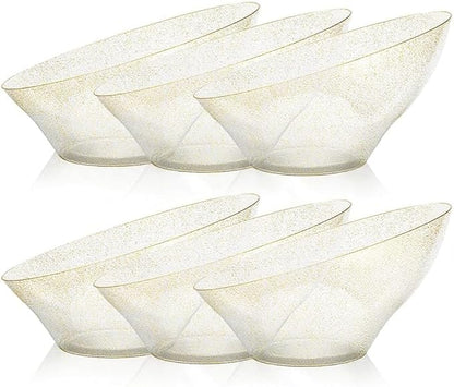 BESTVIP 54oz Clear with Gold Glitter Serving Bowls for Party - 12 Pack Angled Disposable Serving Bowls for Chips, Snacks, Fruit, Salad - Decorative Catering Bowls for Daily Use,Halloween, Christmas