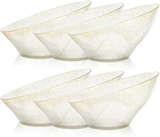 BESTVIP 54oz Clear with Gold Glitter Serving Bowls for Party - 12 Pack Angled Disposable Serving Bowls for Chips, Snacks, Fruit, Salad - Decorative Catering Bowls for Daily Use,Halloween, Christmas