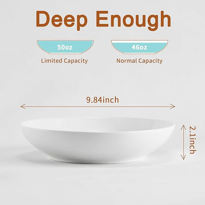 Jassceram Pasta Bowls Set of 4, 50Oz Wide Shallow Ceramic Bowls - 9.84 Inch Serving Bowls for Pasta, Salad, Soup & Cereal, Dishwasher & Microwave Safe White - Christmas Gift