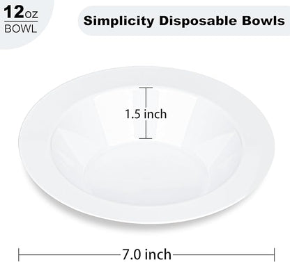 BESTVIP 100 Pack 12 oz White Plastic Bowls, Disposable Soup Bowls, Heavy-duty Dessert Salad Bowl for Christmas, Party, Wedding, Dinner, Catering