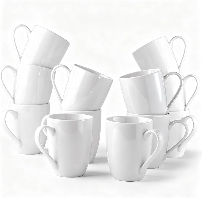 GBhome White Coffee Mugs Set of 12, 12 oz Ceramic Coffee Cups | Classic COffee by GBhome