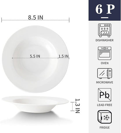 8.5 Inch Ceramic Soup Plate Set of 6, 8 Ounces Wide Rimmed Porcelain Soup Bowl, White Pasta Plates for Salad, Appetizer, Snack, Pizza, Microwave and Dishwasher Safe