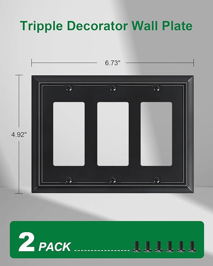 2-Pack Decorative Tripple Decorator Outlet Cover Plate, Durable Natural Bamboo Fiber Matte Black Wall Plates for Electrical Outlets, Receptacle, GFCI Outlet, Dimmer Switch, 3-Gang, Corrosion Resistant