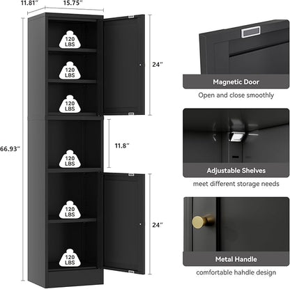 2-Door Metal Storage Cabinet, Tall Slim Pantry Organizer with 3 Adjustable Shelves (120LBS/Shelf), Anti-Tipping Waterproof Cabinet for Bathroom/Kitchen/Home Office/Small Spaces, (1PC,Black)