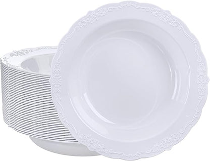 DaYammi 30 Pack White Plastic Bowls, 12oz Disposable Soup Bowls, White Soup bowls Disposable Heavy Duty Dinner Bowl for Weddings, Plastic Salad Bowl for Parties, Dinners, Catering and Everyday Use