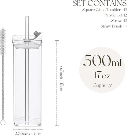 KEMORELA 12 Sets Square Drinking Glass Cups with Lids & Straws, 17 Oz Clear Highball Glasses for Cocktail, Iced Coffee, Juice, Beer - Modern Glass Tumblers