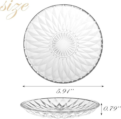 WHJY 6 Inch Clear Glass Plates 4 Pack Vintage Dinnerware Set Transparent Diamond Textured Dinner Plates for Home Party Wedding Crystal Glass Dishes for Fruit Salad Appetizer Dessert