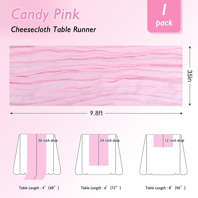 3 Pack Candy Pink Cheesecloth Table Runner 120 Inch Boho Wedding Decor | - Image 2