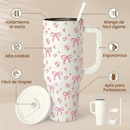 Bow Tumbler with Handle 40oz, Stainless Steel Insulated Tumblers Coffee Travel - Image 2