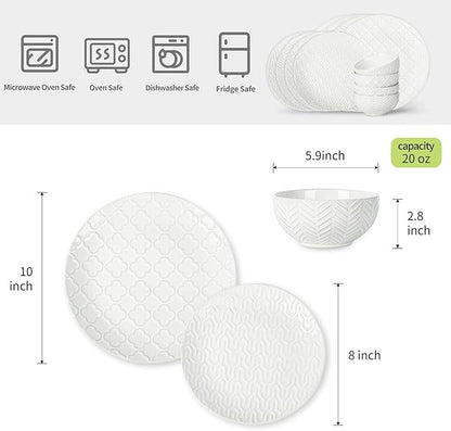 Sureasy Ceramic Dinnerware Sets for 8, 24 Piece Embossed Plates and Bowls Sets, Scratch Resistant Stoneware Dishes Set, Dishwasher and Microwave Safe, White