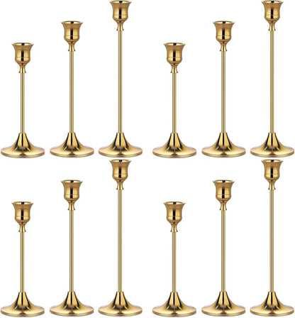 Metal Candle Holders for Candlesticks Taper Candlestick Holders Set Vintage Decorative Centerpiece Candelabra Tall Candle Stands (Gold, 4 Sets (12 pcs))