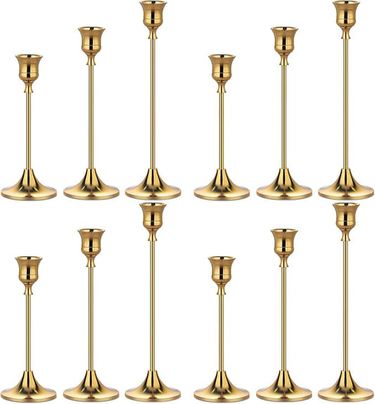 Metal Candle Holders for Candlesticks Taper Candlestick Holders Set Vintage Decorative Centerpiece Candelabra Tall Candle Stands (Gold, 4 Sets (12 pcs))
