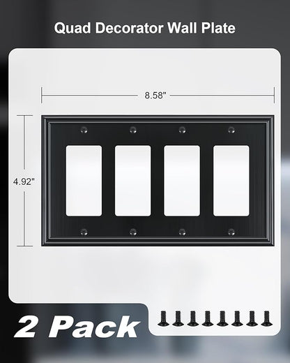 2-Pack Quad Decorator Outlet Cover Plate, Zinc Alloy Decorative Black Switch Plates and Outlet Covers, 4 Gang Wall Plates for Electrical Outlets, Receptacle, GFCI Outlet, Dimmer Switch