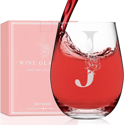 Valentines Day Gifts for Her, Gifts for Women Her Friend Mom Grandma Wife Sister Bridesmaid Nurse, Birthday Galentines Mothers Day Christmas, Personalized Initial Customized Wine Glasses 18OZ(J)