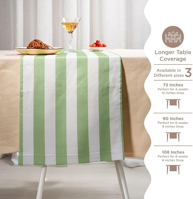 Folkulture Fall Table Runner 108 inches Long | White & Green Striped | Table - Image 7