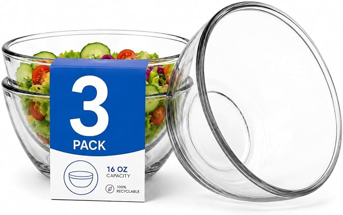 3-Pack Glass Cereal Bowls, 15 oz Clear Glass Bowls by Wancilock