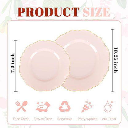 WDF 100pcs Pink Plastic Plates - High-end Baroque Design - Pink and Gold Plates for Upscale Party & Valentine's Day - Including 50 Disposable Plate 10.25inch, 50Salad Plate 7.5inch