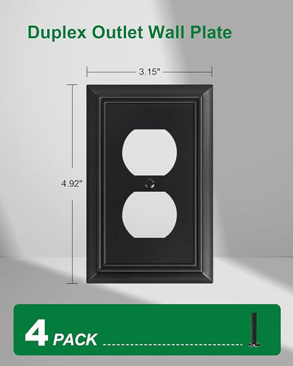4-Pack Duplex Outlet Cover Plate, Decorative Matte Black Switch Plates and Outlet Covers, Natural Bamboo Fiber Wall Plates for Electrical Outlets, 1 Gang Receptacle Cover, Corrosion Resistant