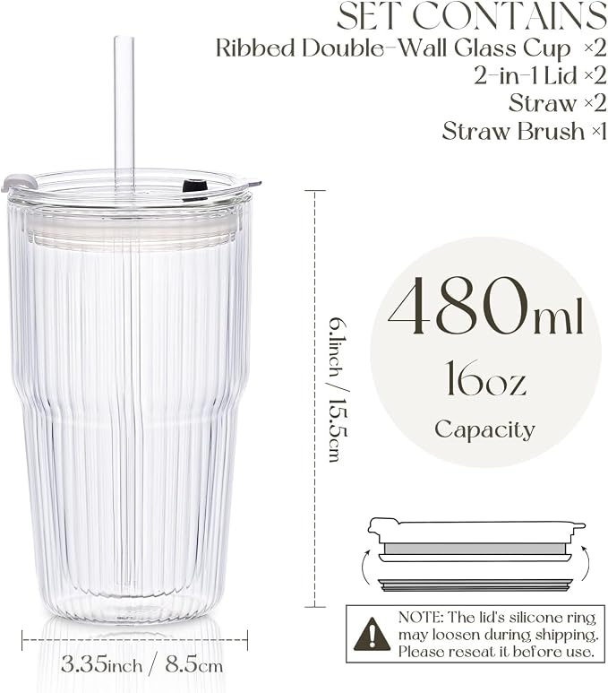 KEMORELA 16oz Ribbed Double Wall Glass Cups - Image 3