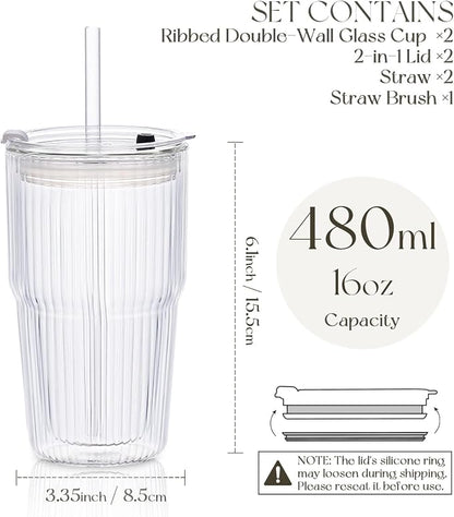 KEMORELA 16oz Ribbed Double Wall Glass Cups - Image 3