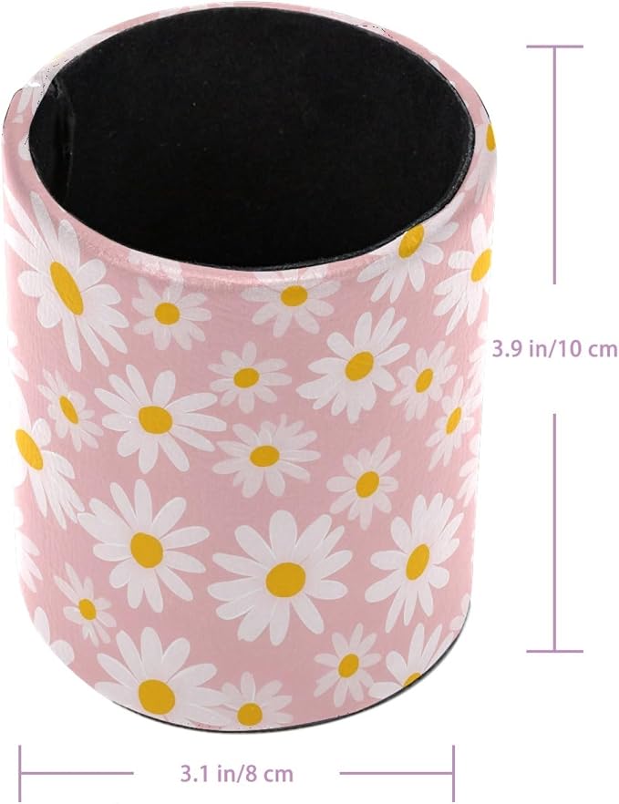 Cute Pink and Daisy Wildflowers Leather Pen Holder - Image 3