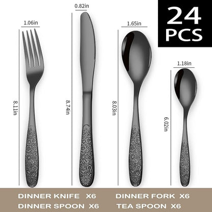 Black Rose Floral Embossed Silverware Set, Mirror Polished Unique Pattern - Image 2