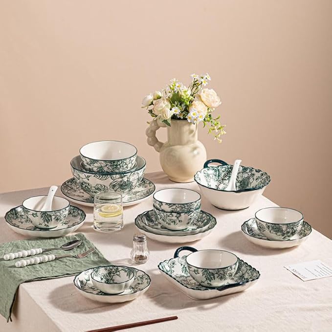 Ceramic Dinnerware Set, Floral Plates and Bowls Sets, Microwave & Dishwasher - Image 5