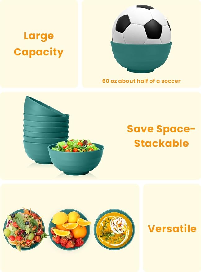 Large Bowls for Eating: Set of 8 Unbreakable 60oz Wheat Straw Bowls, - Image 5