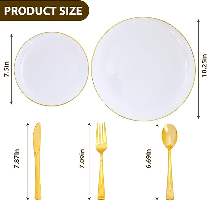 Moretoes 250PCS Gold Disposable Dinnerware Set, White and Gold Plastic Party Plates for 50 Guests, Includes 50 Dinner Plate,50 Dessert Plate,150 Gold Cutlery for Wedding & Party