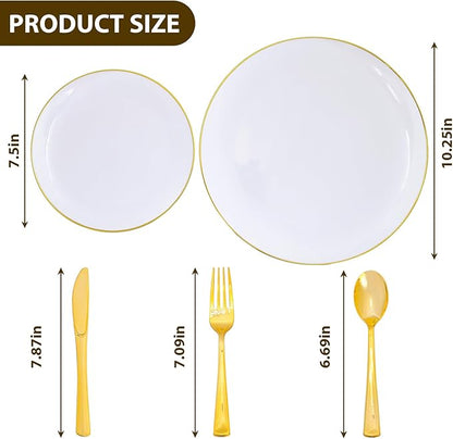 Moretoes 250PCS Gold Disposable Dinnerware Set, White and Gold Plastic Party Plates for 50 Guests, Includes 50 Dinner Plate,50 Dessert Plate,150 Gold Cutlery for Wedding & Party