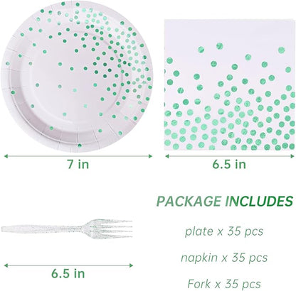 Green Party Supplies,White and Green Dot Plates and Napkins for Birthday Wedding All Occasions(Serve 35 Guests 7 Inch)