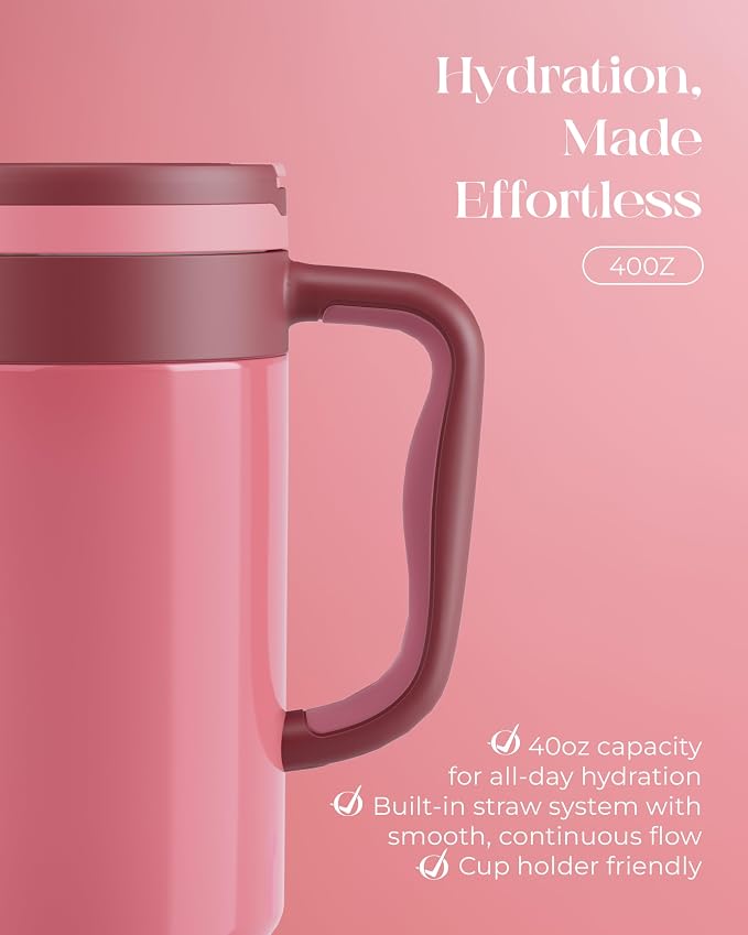 40 oz Insulated Tumbler with Handle and Push-Button Straw Lid, Stainless Steel - Image 5
