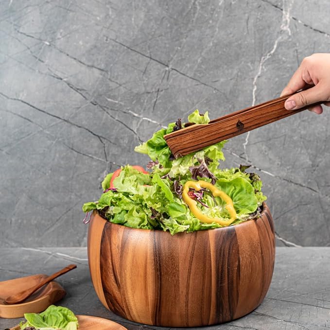 Super Slim Spring Salad Tongs: Teak Wood Salad Hand Server 0.1" x 0.1" x 12" - Image 9
