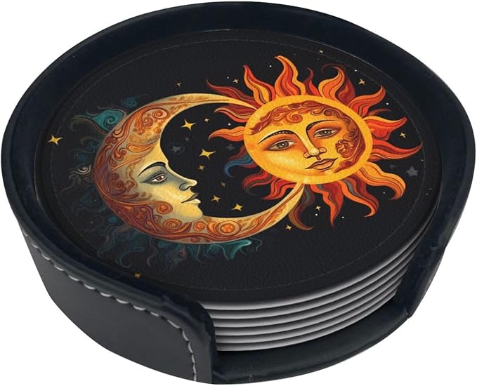 Sun Moon and Stars Leather Coasters Set of 6 by Nameapo