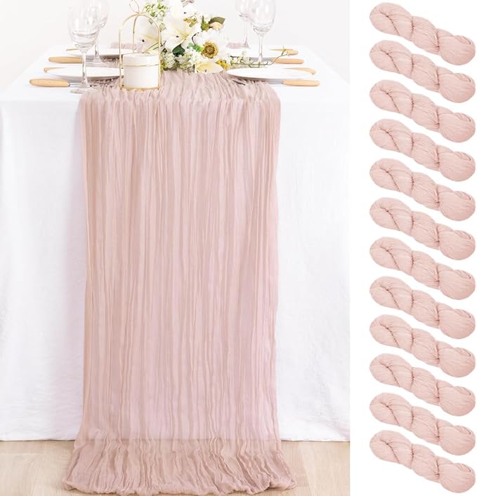 12 Pack Pink Table Runner 10ft Rustic Gauze Cheesecloth Table Decor | by MLMC