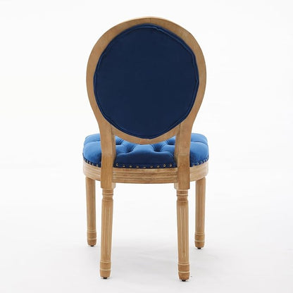 Ball & Cast French Vintage Upholstered Dining Chairs Set of 2, Button Tufted Kitchen Side-Chairs with Carved Antique Wood Frame & Nailhead Trims, 2-Piece Curved Backrest Louis Chair, Velvet Blue