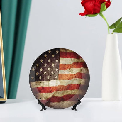 Decorative Plates, American Flag Print Ornament, Grunge Look Patriotic, 10 Inch, 1 Plate with 1 Display Stand, Multicolor