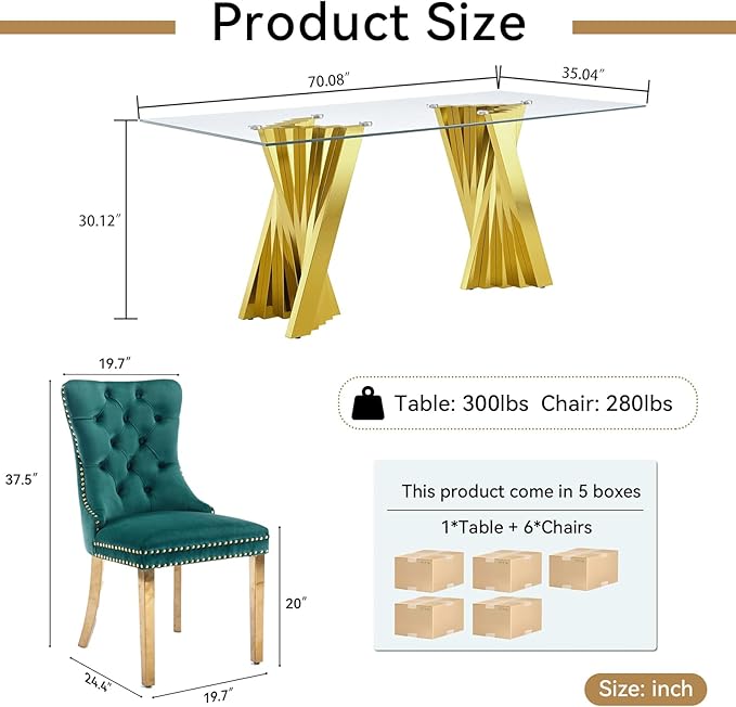 SSLine Modern 70" Glass Dining Table Set for 8, Rectangular, Green, Velvet Upholstered Chairs, 300 lbs Weight Capacity