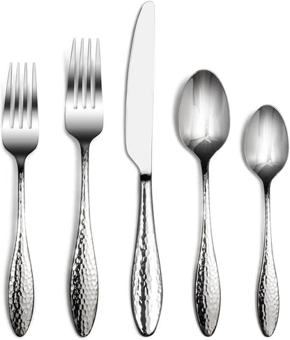 Alata Emma 60-Piece 18/10 Silverware Set, Hammered Flatware Set, Heavy Duty Stainless Steel Cutlery Set, Modern Kitchen Utensils, Dinnerware Sets Service for 12, Mirror Polished & Dishwasher Safe