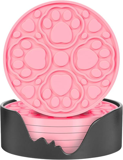 Pink Silicone Coasters Set of 6 with Holder, 4 Inches Coaster for Bar, Drinks, Beer, Coffee - Non Slip Decorative Cup Mat for Tabletop, Desk Decor - Dishwasher Safe
